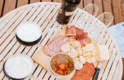 meats and biscuits tray beside wine glasses