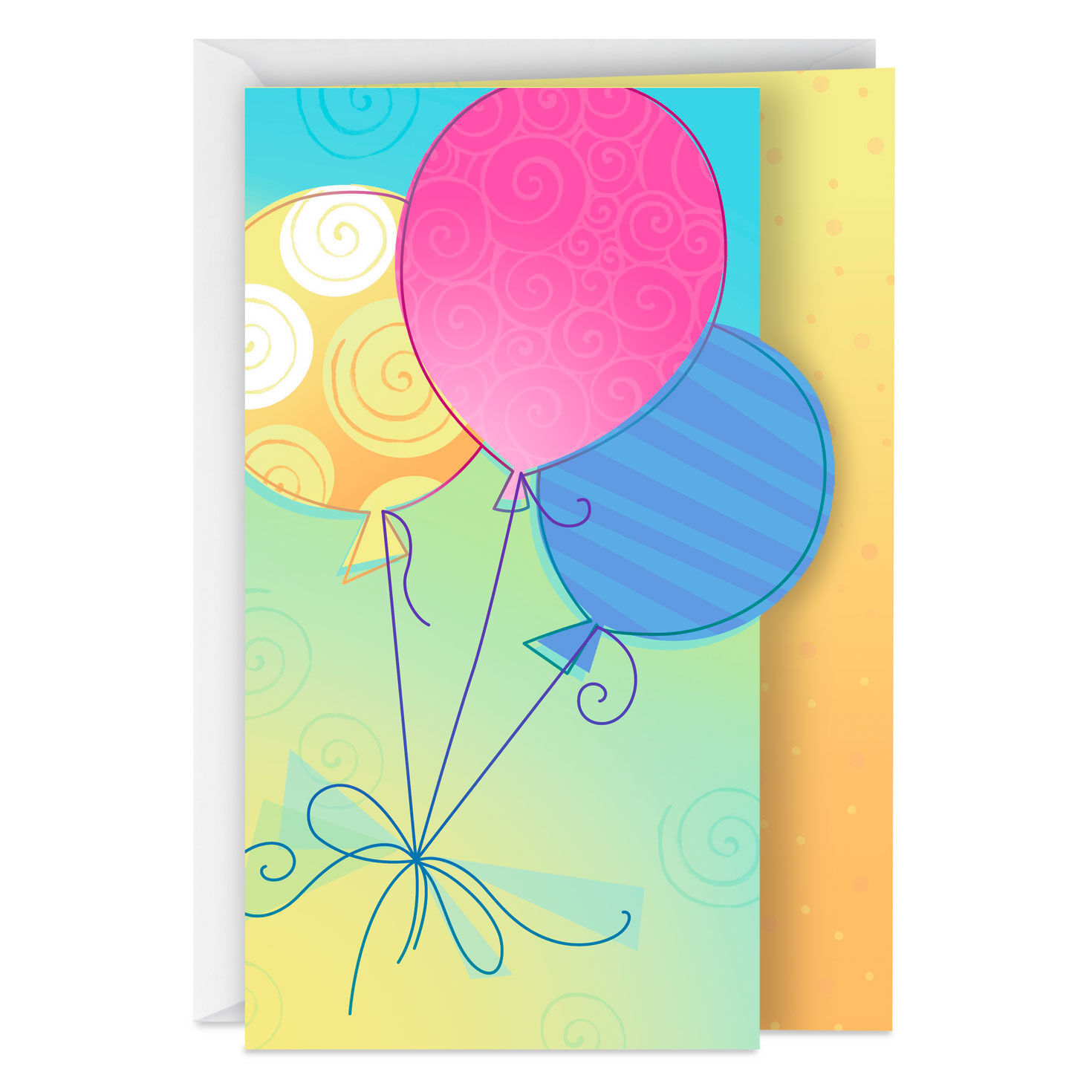 A colorful greeting card with three balloons. The balloons are pink, blue, and yellow with swirls and stripes. Background features pastel gradients and dots, conveying a festive tone.