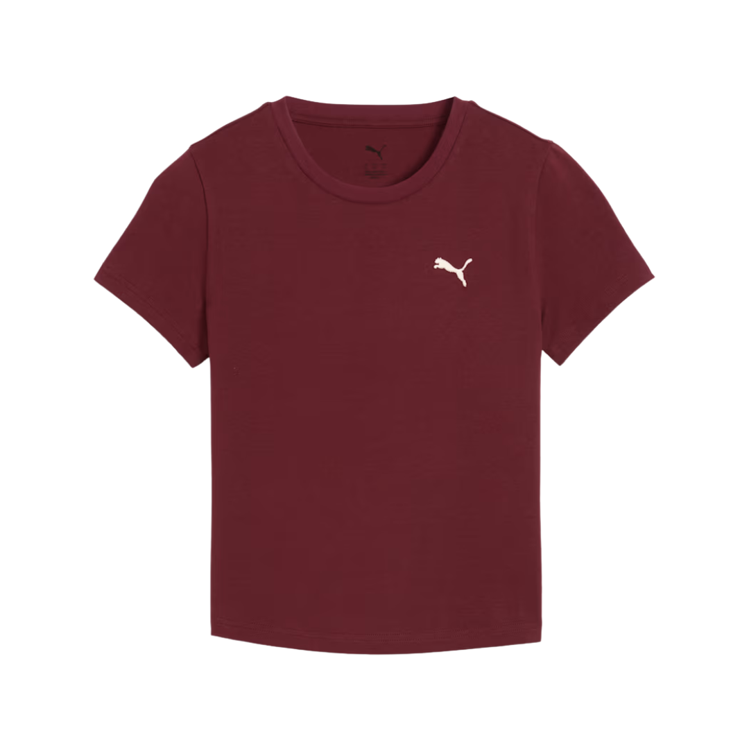 Maroon short-sleeve T-shirt with a small white puma logo on the left chest. The design is simple and sporty, conveying a casual tone.