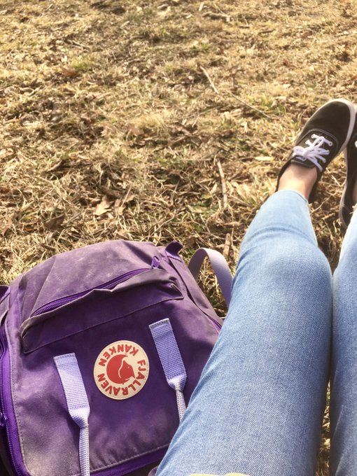 woman sitting on the grass with a purple fjallraven kanken backpack
