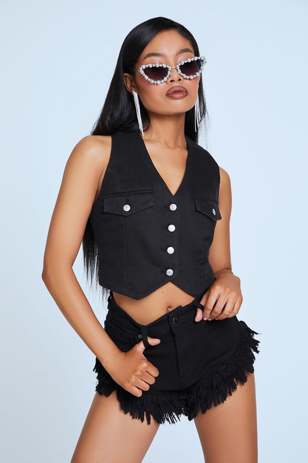 Cropped Notched Denim Vest