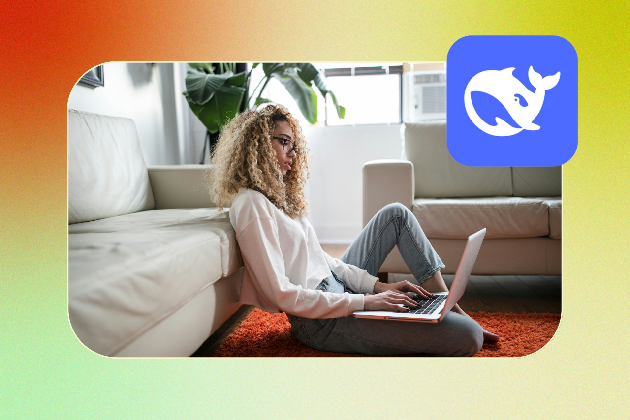 Woman on computer and DeepSeek logo