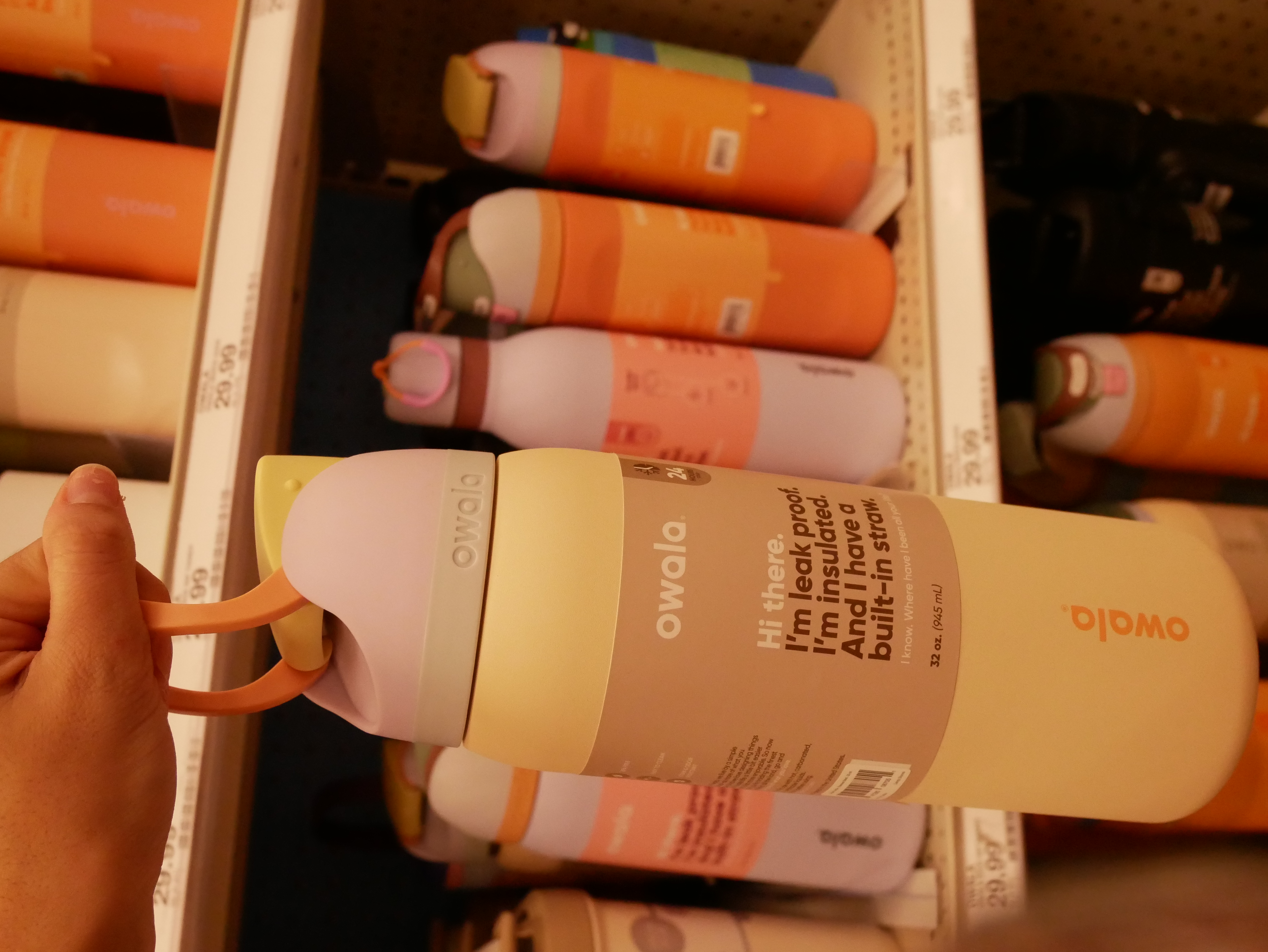 Owala water bottles in store.