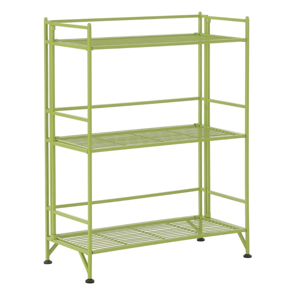 green wire metal shelving unit with three shelves