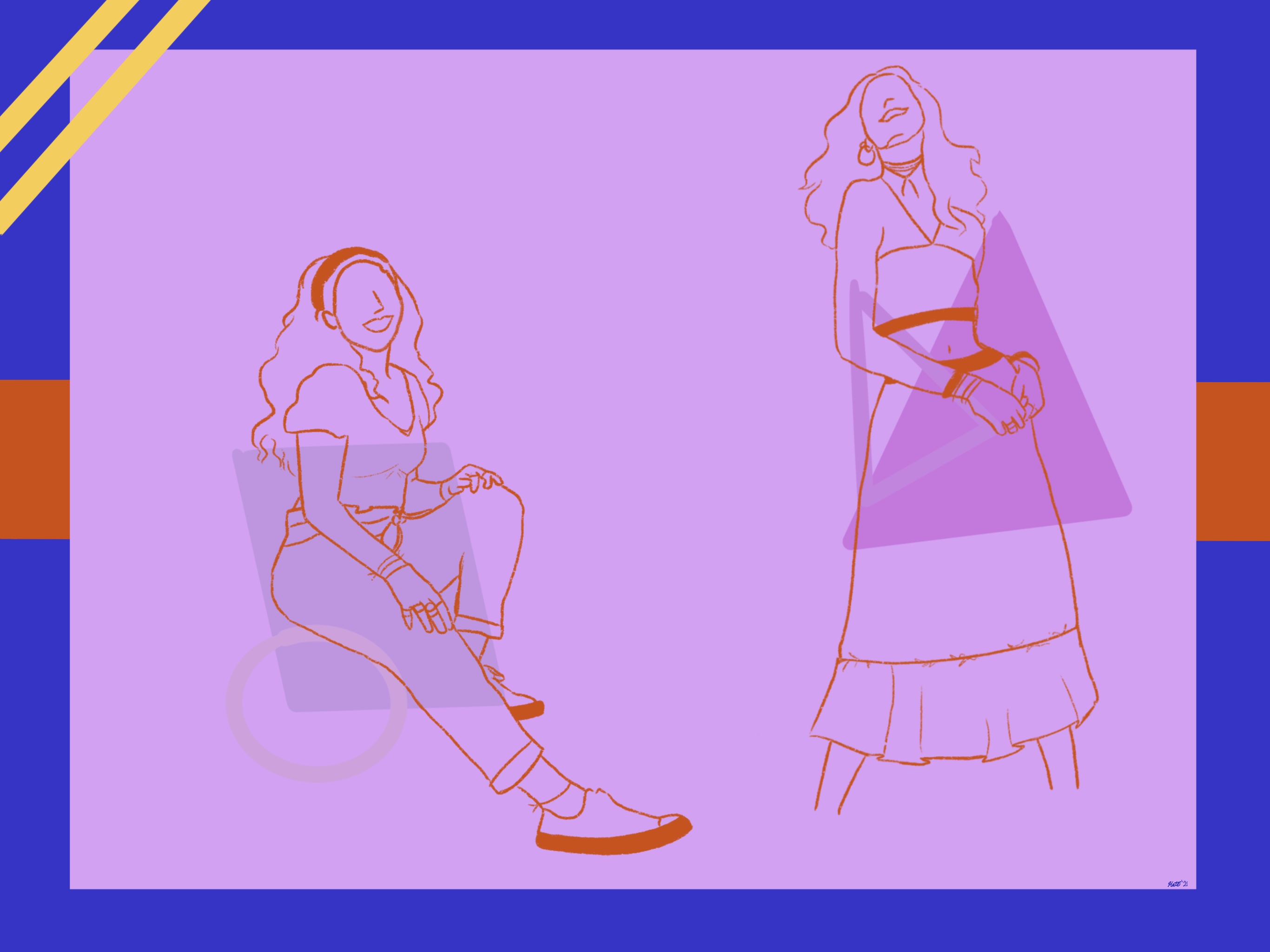Illustrations of women outlined in orange against purple background, wearing 2000s clothes.