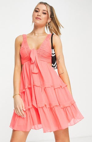 coral flowy tiered dress graduation outfit ideas