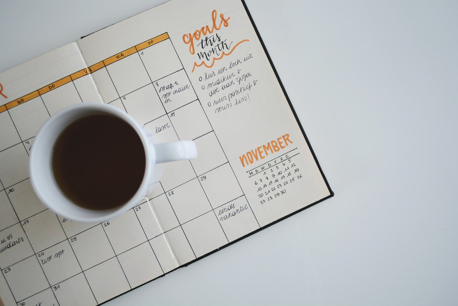goals, coffee, notebook