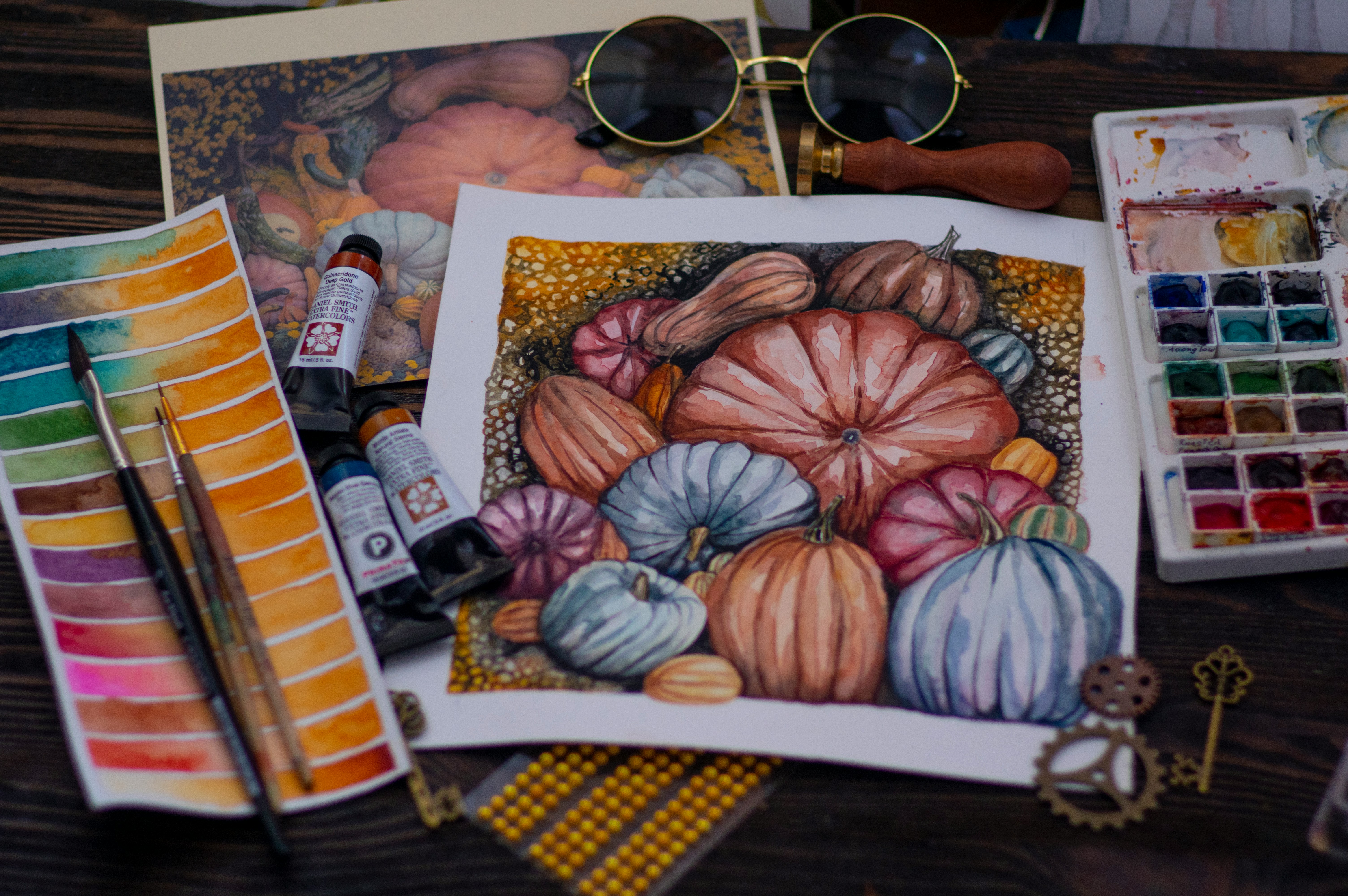 Painting of pumpkins with watercolors