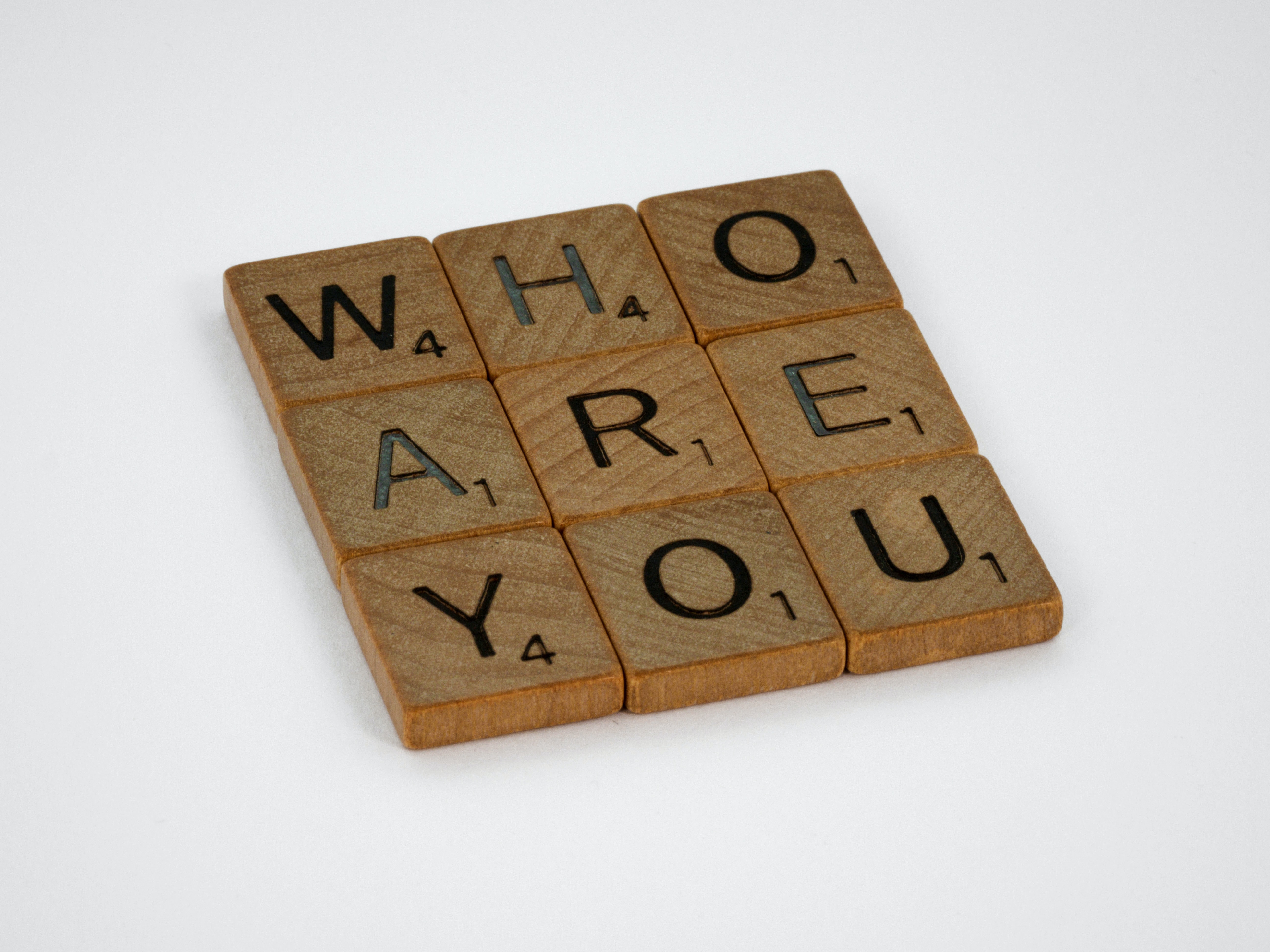 scrabble pieces spelling out the question \"Who are you?\" on a white background