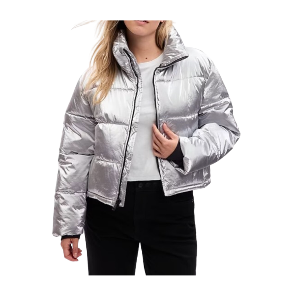 woman wearing a silver metallic puffer jacket