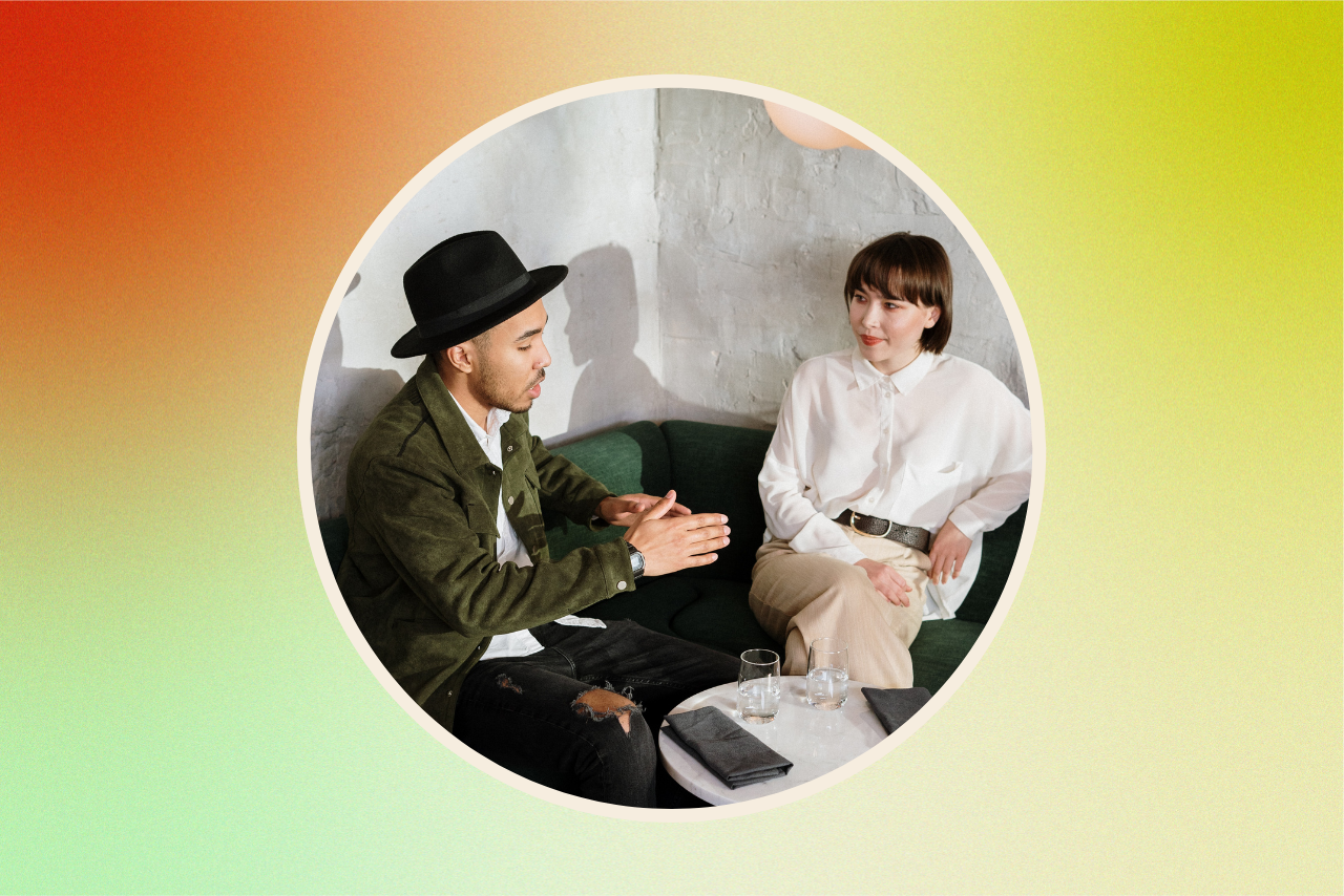 couple sitting and talking.