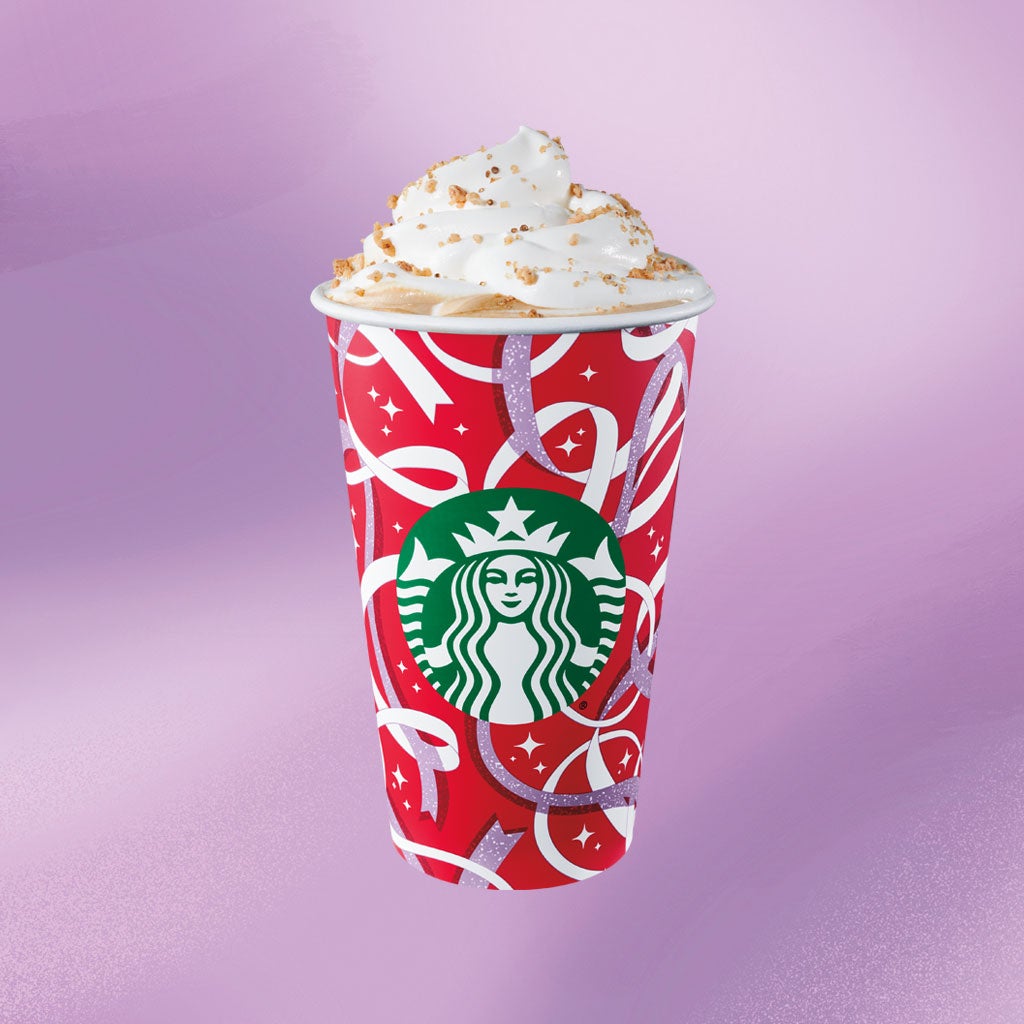 starbucks product photo with chestnut praline latte on purple background