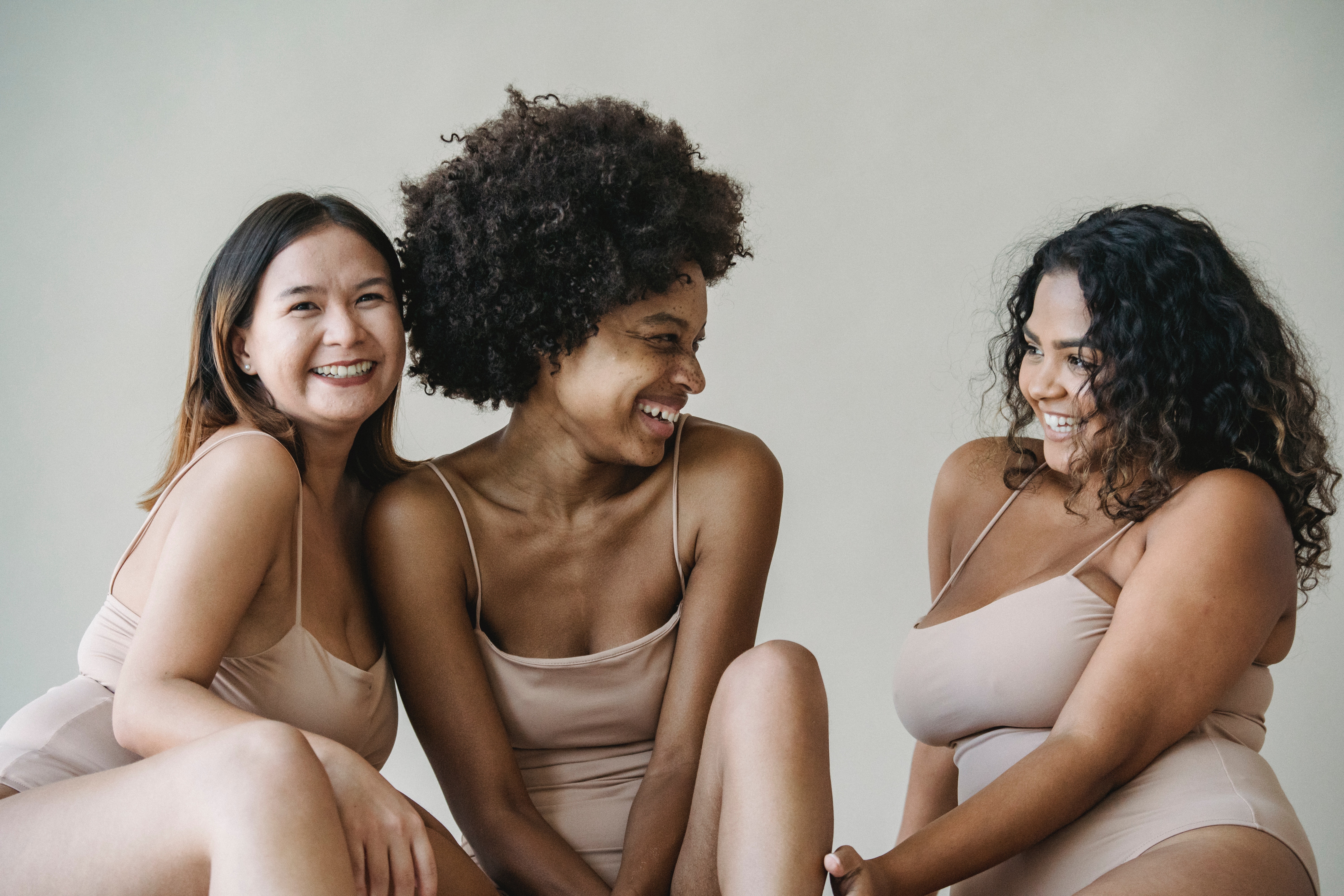 body positive, body, women, woman, lingerie, Black woman, Asian woman, laughing, smiling, acceptance