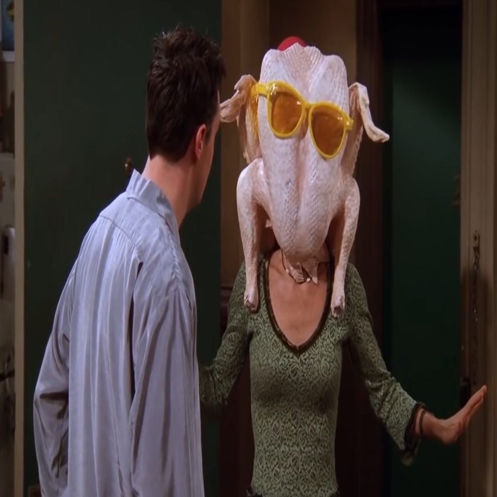 Monica from Friends with a Turkey on her head