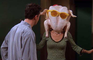 Monica from Friends with a Turkey on her head