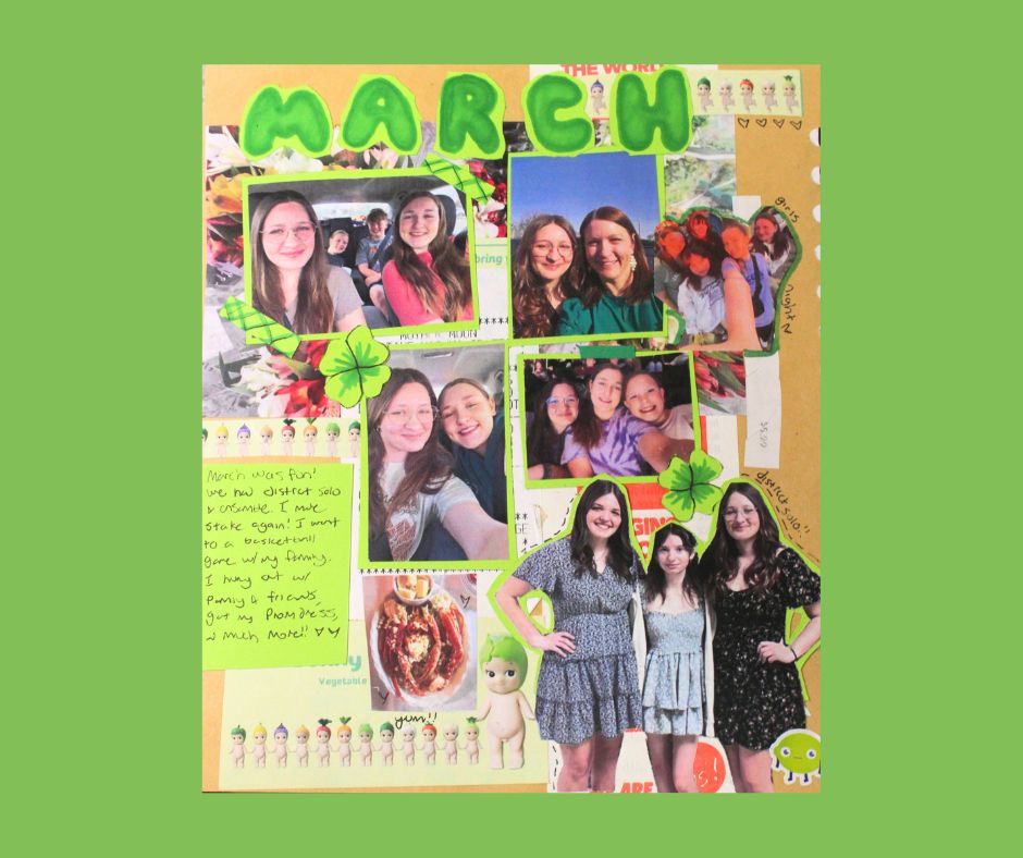 A scrapbook page with a green background