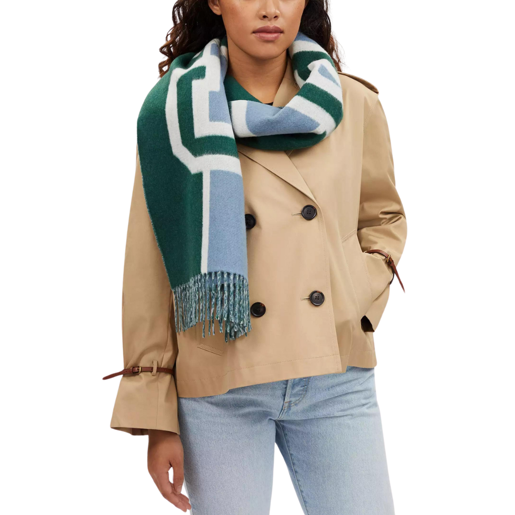 green, blue, and white knit scarf with tassles