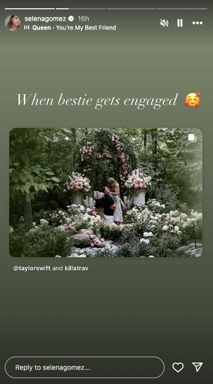 selena gomez reaction to taylor swift engagement