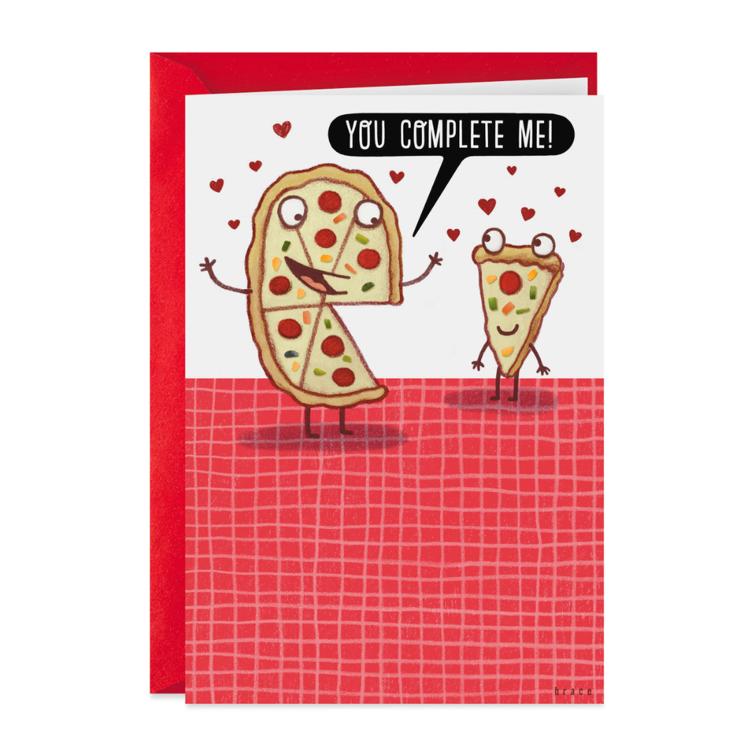 Two cute pizza slice characters on a red checkered surface, with hearts around. The larger slice says, \