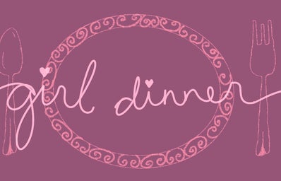 A banner reading \"girl dinner\" with a plate, fork and knife in the background