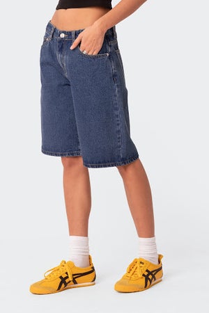 blue denim long shorts blokette core outfit essentials