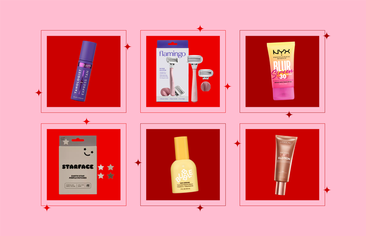 six cosmetic and personal care products, each displayed within a red square and a light pink background. The squares are arranged in two rows of three. Red star-like shapes are positioned at various points around the squares.