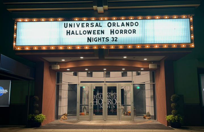 building at Halloween Horror Nights with sign