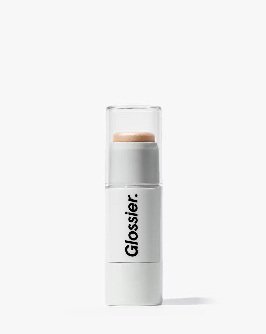 Glossier haloscope highlighter tube, white tube on a white background