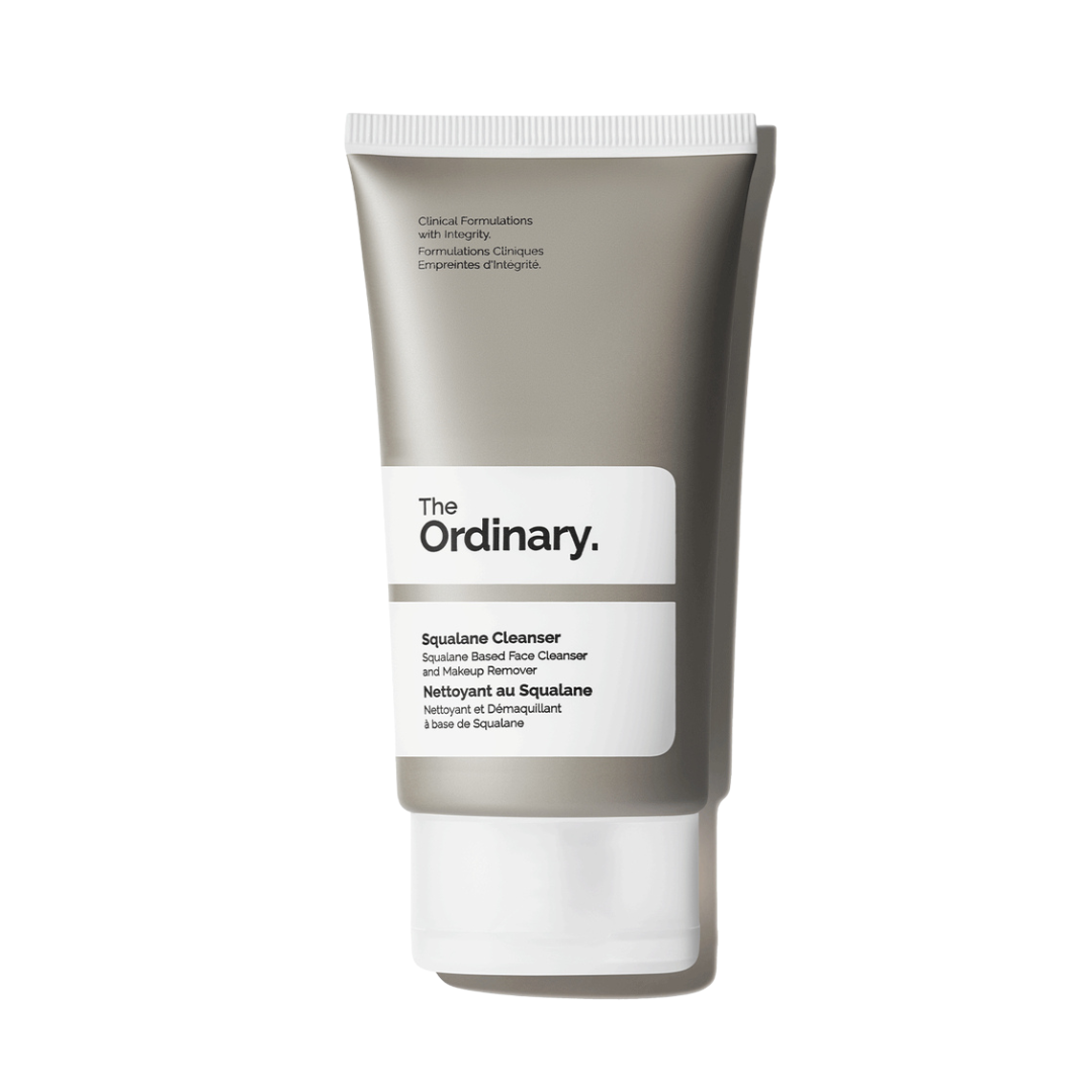 A sleek gray tube of The Ordinary\'s Squalane Cleanser, featuring a white label with bold black text.