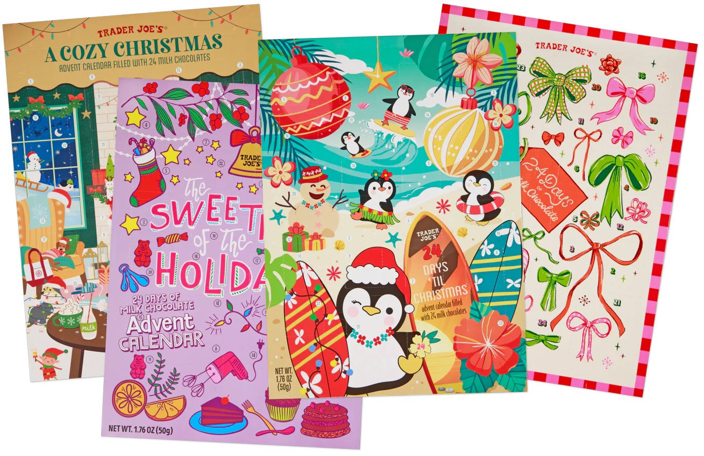 4 advent calnders with penguins, ribbon, and holiday treats on the front