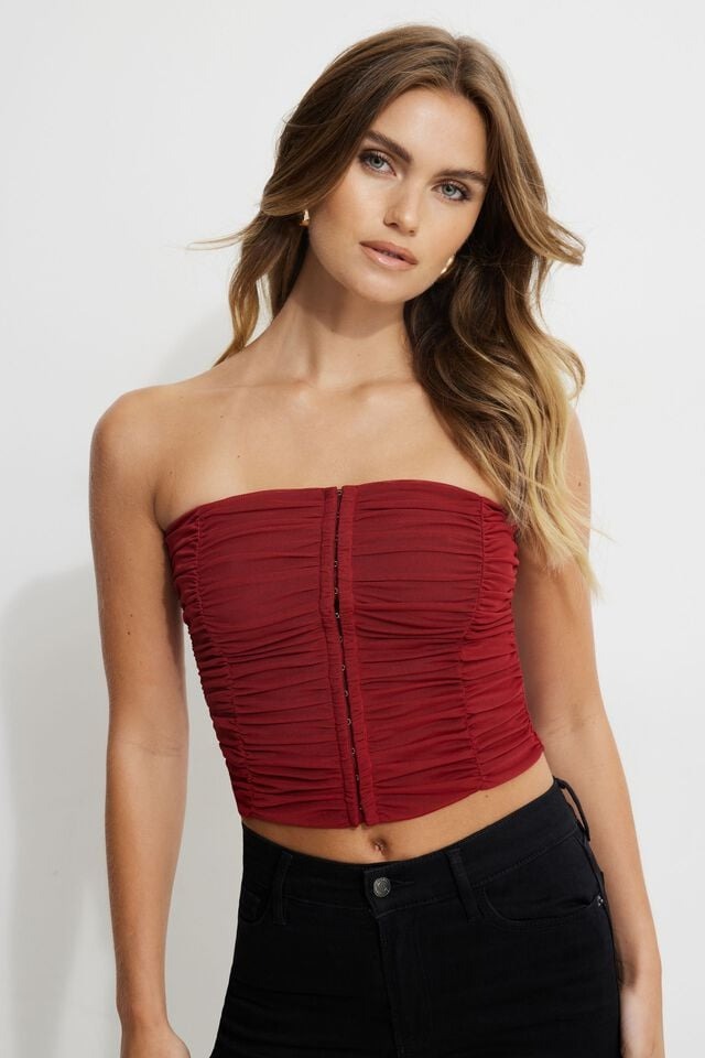 Dynamite Salma Ruched Mesh Bustier Top