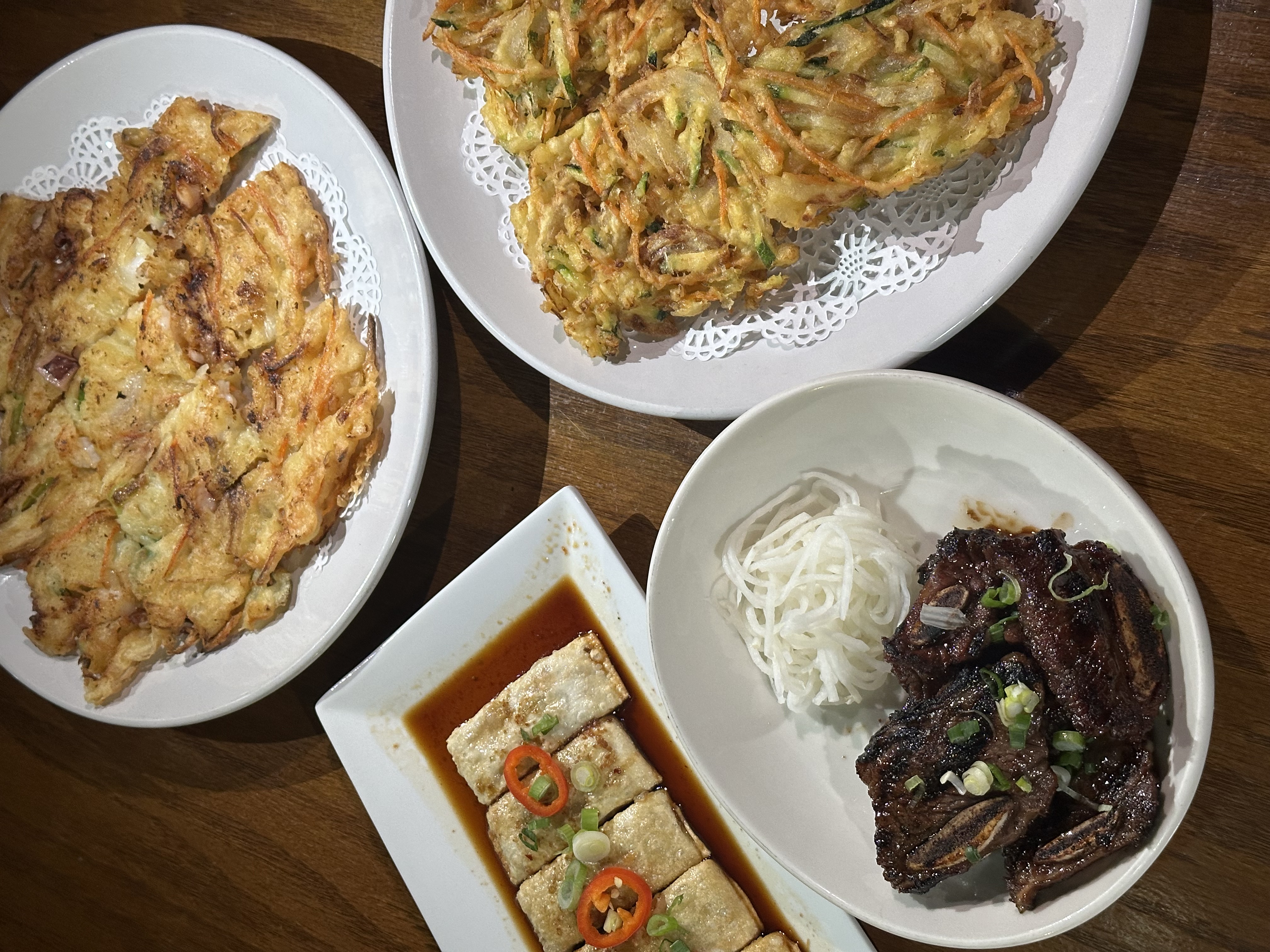 Appetizers at Momoyaki (Pajun, Veggie tempura, Mini Galbi, and Mandu)