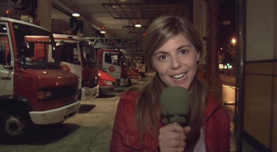 A woman with a microphone in hands, character from the movie trailer of \