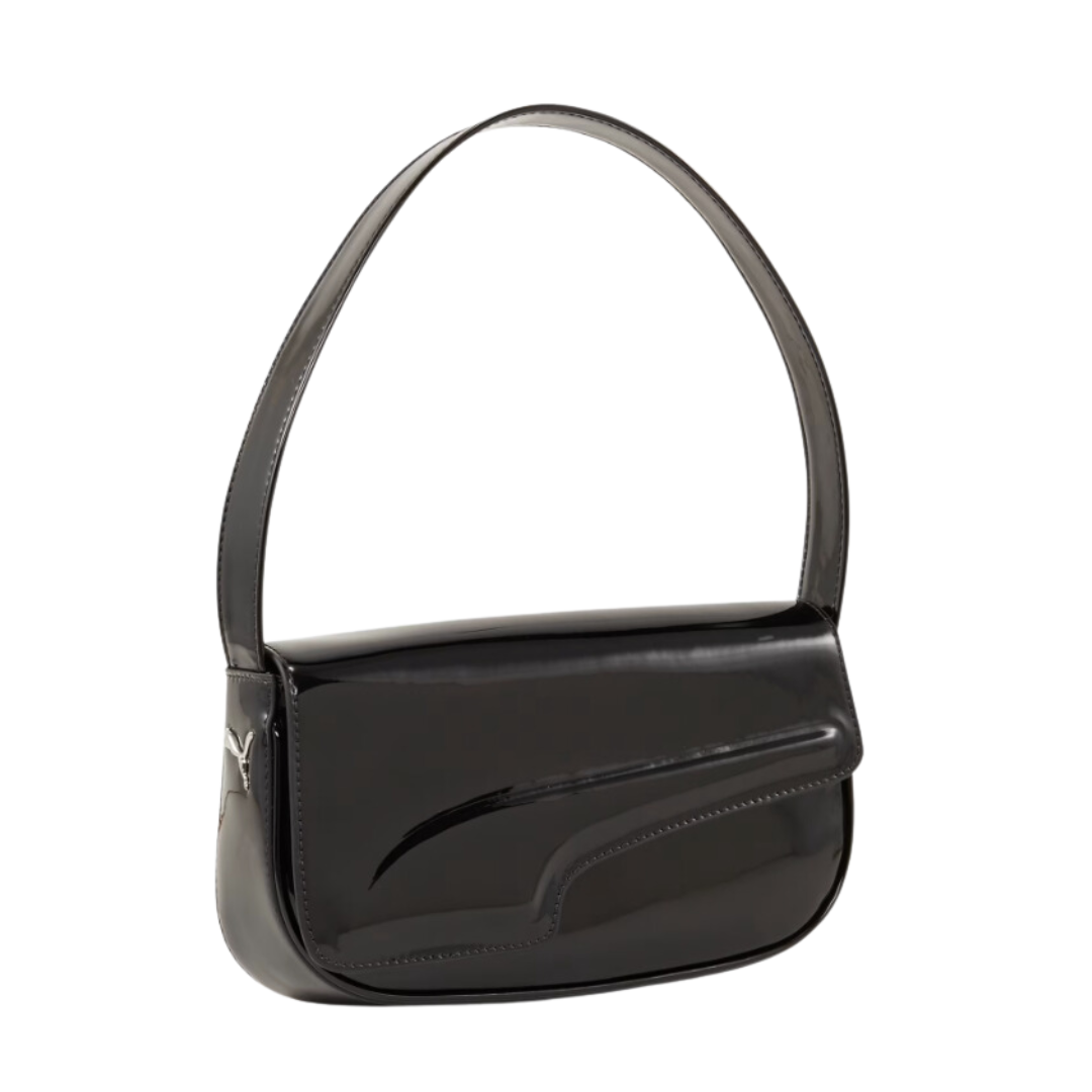 black patent leather shoulder bag