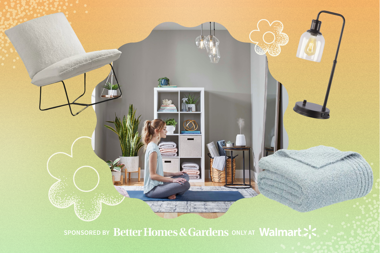 A chair, desk lamp, and throw blanket surrounding and image of a woman sitting on a yoga mat.
