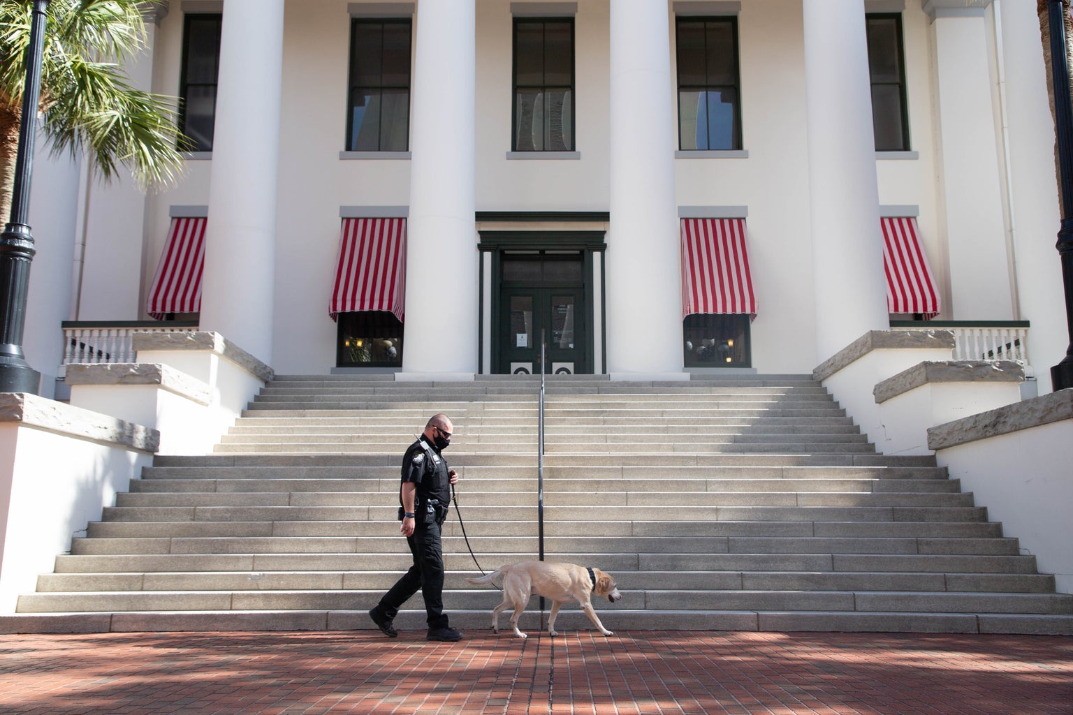 Law Enforcement Officer walking a k-9 in front of the Historic Old Florida Capitol building