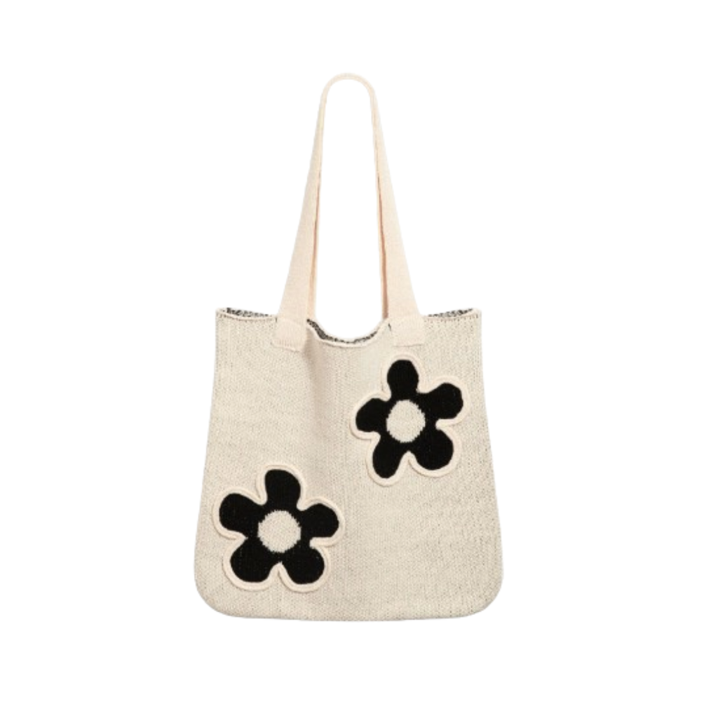 off-white crochet tote bag with black flowers