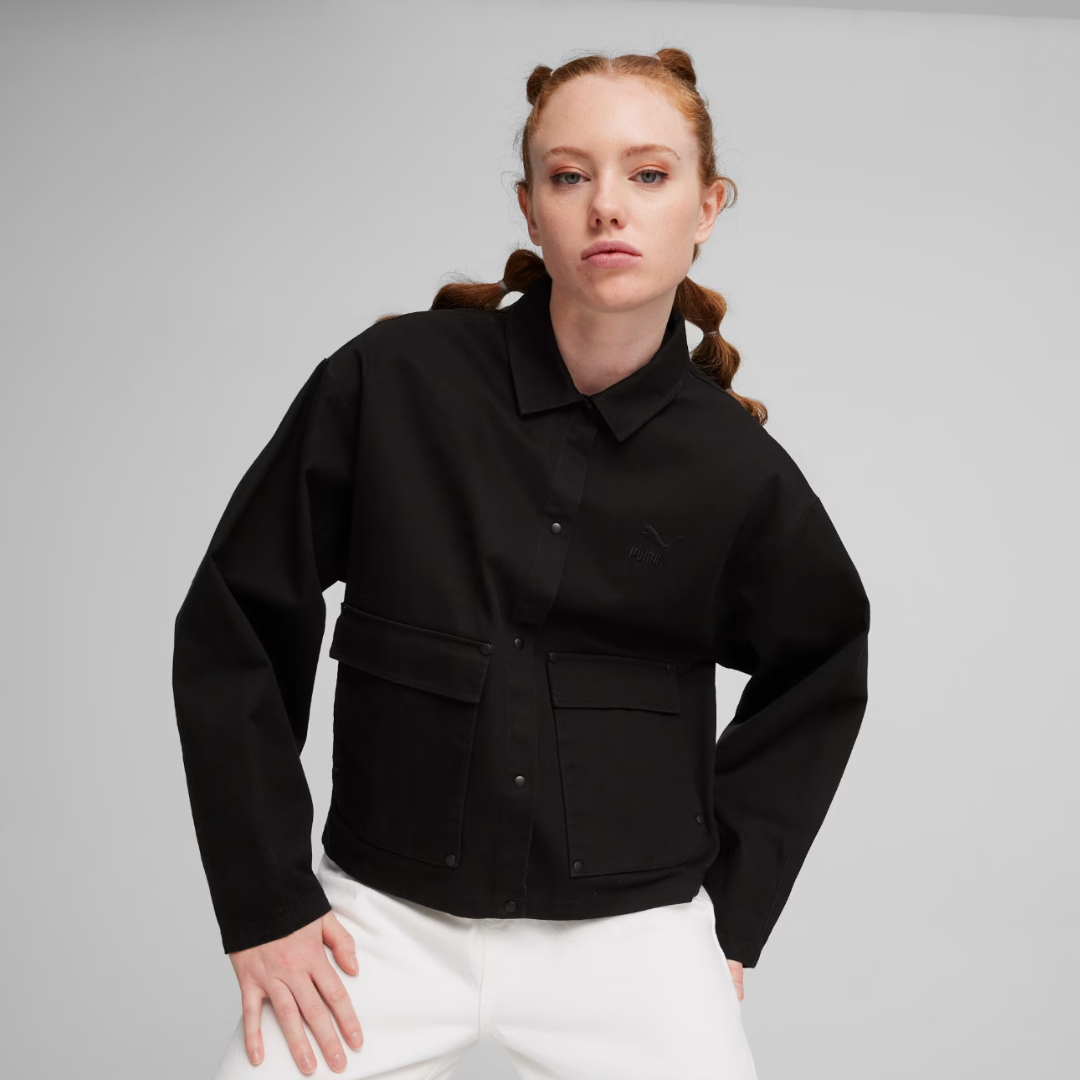 woman wearing a black button-down shirt