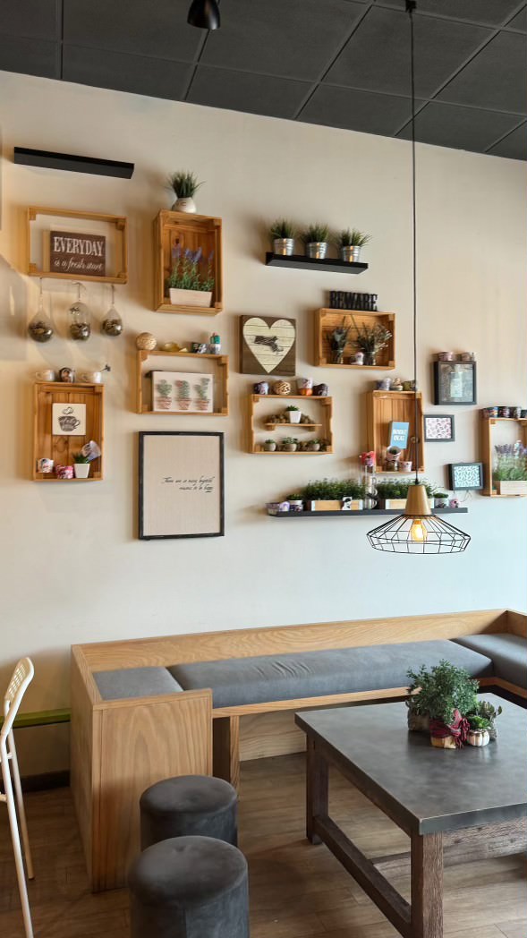 cafe with couch seating and wall decor