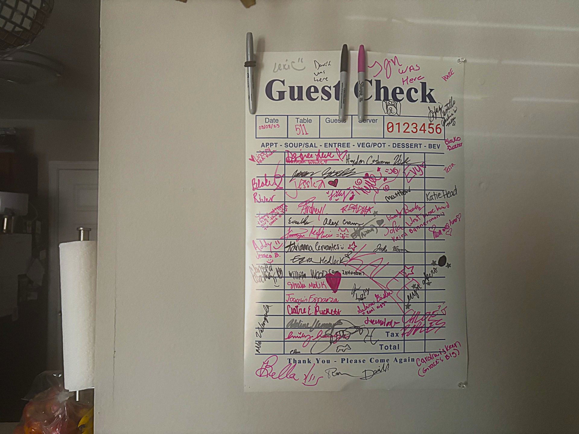 Guest check on wall