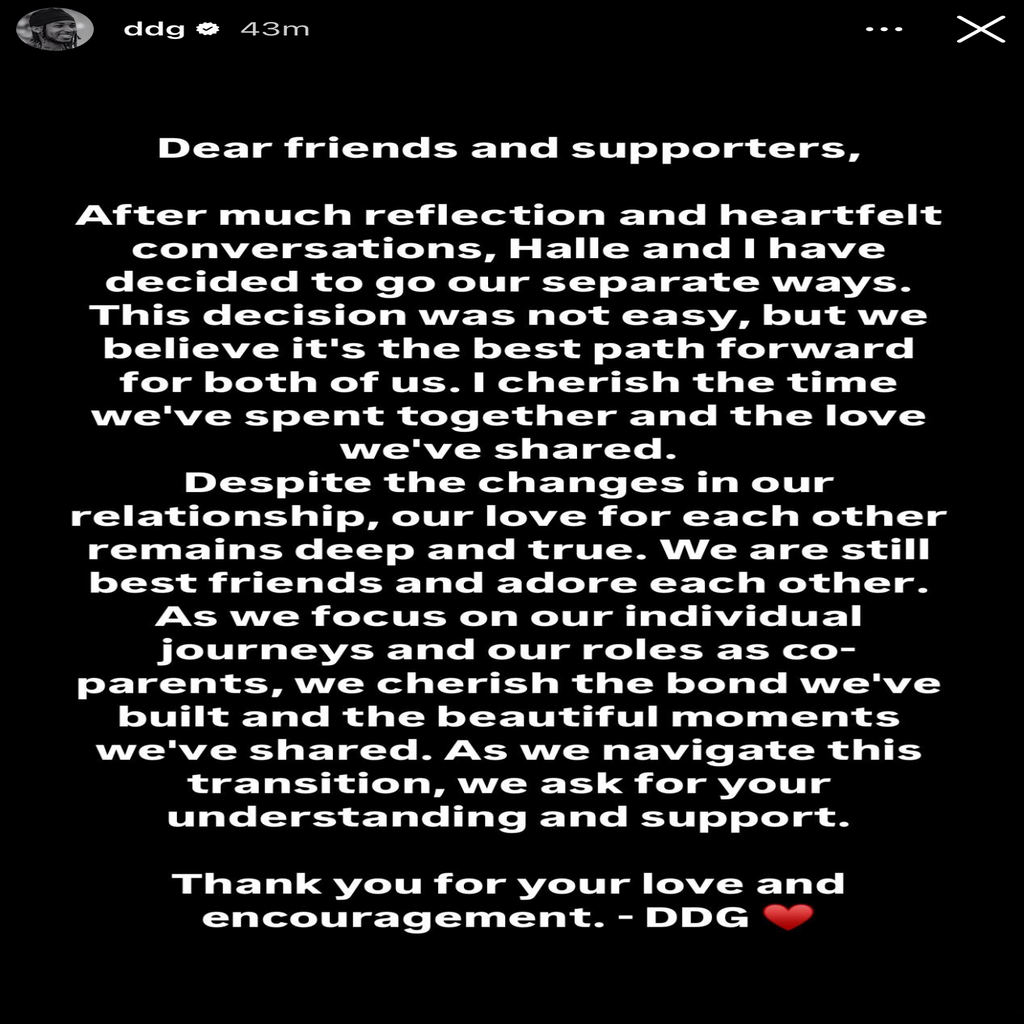 DDG Instagram Story statement announcing split from Halle Bailey