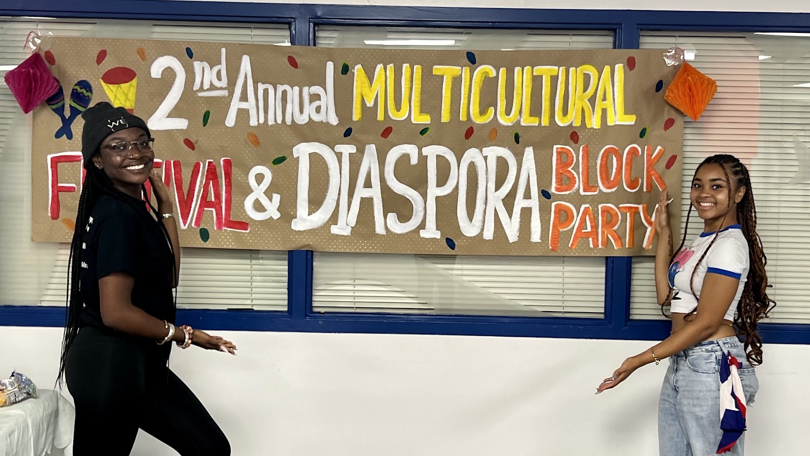 African Student Association President Raissa Kora Kodia-Batamio poses alongside Changó Co-president Kayla Cason at the Multicultural Festival’s Diaspora Block Party.