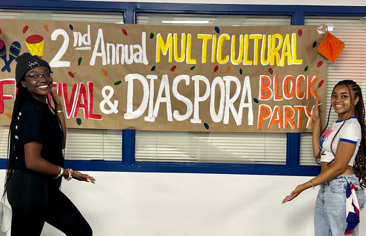 African Student Association President Raissa Kora Kodia-Batamio poses alongside Changó Co-president Kayla Cason at the Multicultural Festival’s Diaspora Block Party.