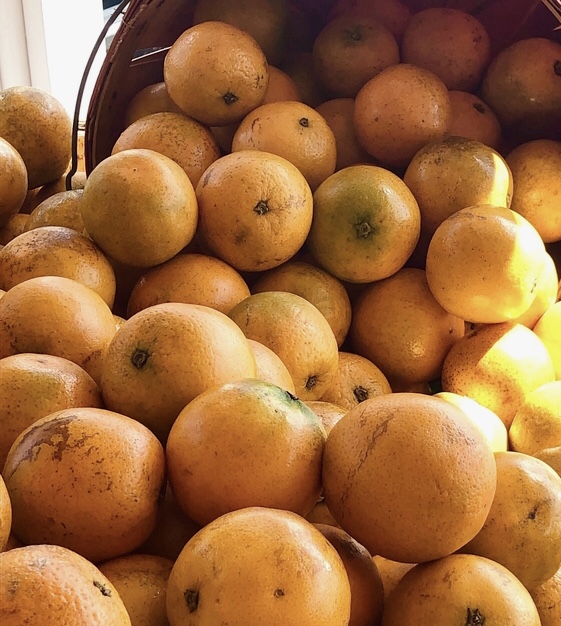 Many tangerines for sale, set up with an illusion that they\'re falling out of a basket.