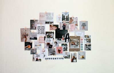 collage of photos and words on a white wall