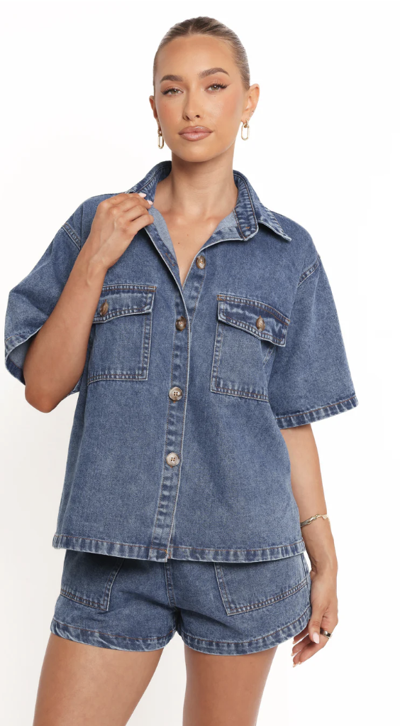 denim shirt and shorts set