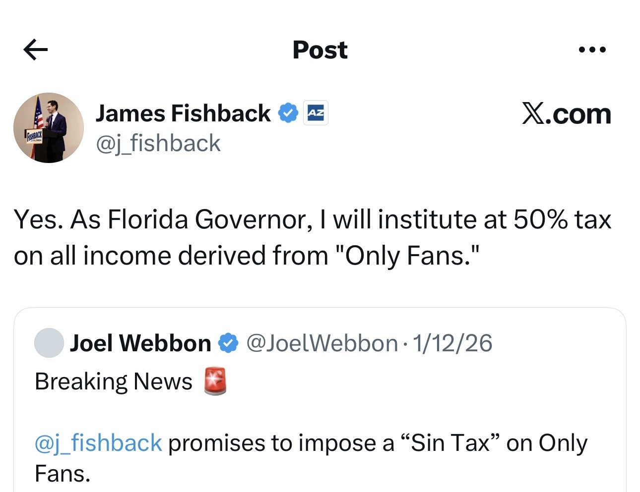Social media post by James Fishback on X platform