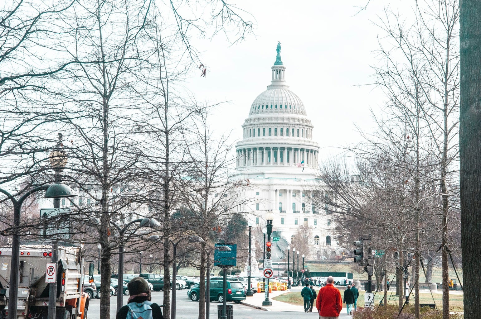 People walking down a street that leads to the U.S. Capitol, lots of bare trees in winter.