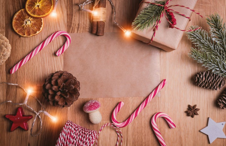 Holiday items laid out on a table