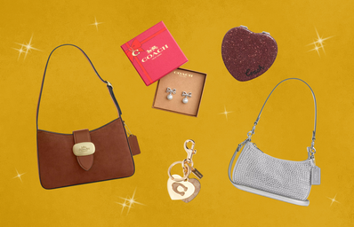 A collection of Coach accessories including two purses, a keychain, earrings, a box with a bow, and a heart-shaped item on a gold background.